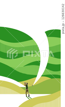 Poster. Conceptual art collage. Golfer follows ball trajectory cutting through stylized green hills and sweeping white arc in abstract field with textures Poster. Conceptual art collage. Golfer follows ball trajectory cutting through stylized green hills and sweeping white arc in abstract field with textures 126630142