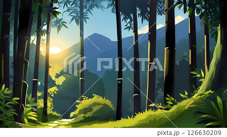 ゲーム背景　朝日が昇るレトロ感のある山奥の竹林風景 126630209