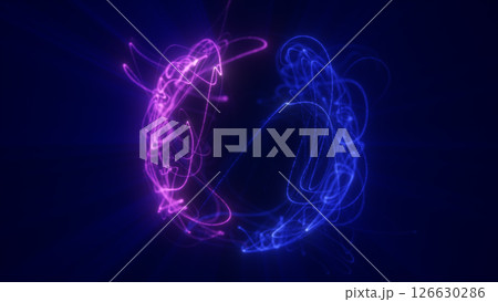 Electric purple and violet light trails forming a fluid, semi-transparent digital sphere against a deep blue background 126630286
