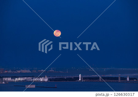 東京湾に昇る満月 ― テレコムセンター展望室より 126630317