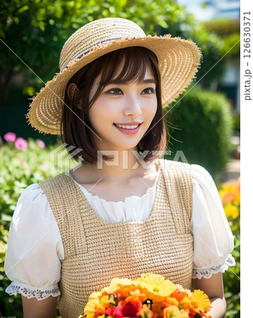 麦わら帽子をかぶったかわいい女性（ガーデニング） 126630371