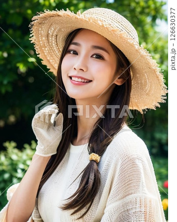 麦わら帽子をかぶったかわいい女性(ガーデニング) 麦わら帽子をかぶったかわいい女性(ガーデニング) 126630377
