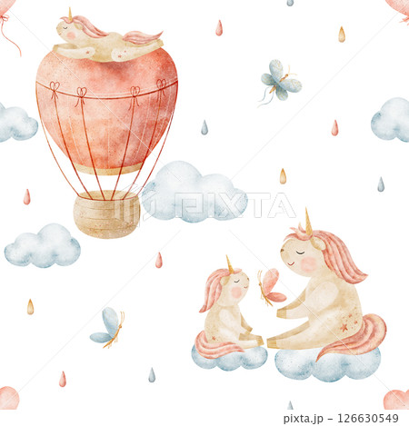 Watercolor pattern unicorns, balloons heart flying in blue clouds. Hand drawn illustration on white background in children's style. Seamless print, fabric, baby clothes, textile, packaging, wallpaper 126630549