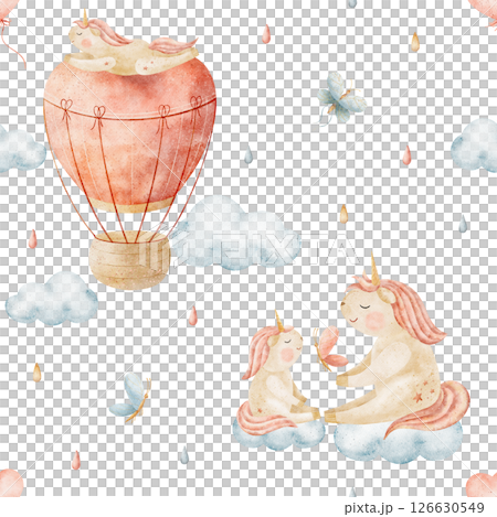 Watercolor pattern unicorns, balloons heart flying in blue clouds. Hand drawn illustration on white background in children's style. Seamless print, fabric, baby clothes, textile, packaging, wallpaper 126630549