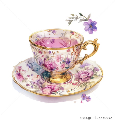 Delicate floral teacup with pink liquid on ornate saucer showcasing fine china artistry in serene setting 126630952