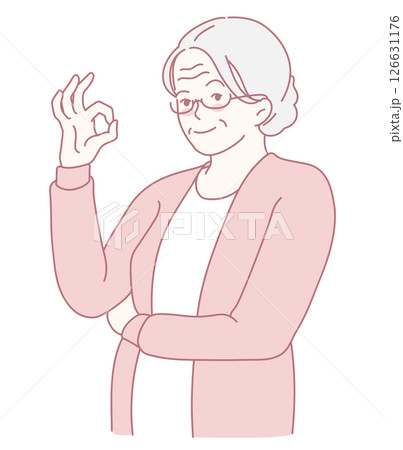 A Confident Elderly Woman is Generously Giving an Okay Gesture While Dressed in Light Colors 126631176