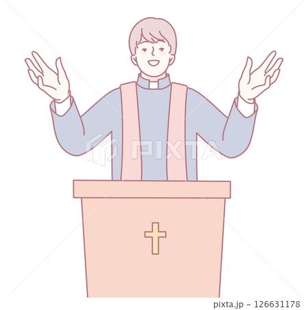 A Cheerful Speaker Standing at the Podium with a Religious Symbol Representing Faith and Unity A Cheerful Speaker Standing at the Podium with a Religious Symbol Representing Faith and Unity 126631178