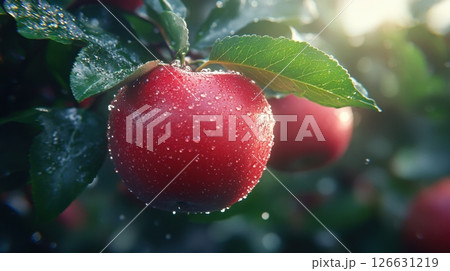 A close-up of a fresh red apple covered in dewdrops hangs from a tree branch with green leaves 126631219