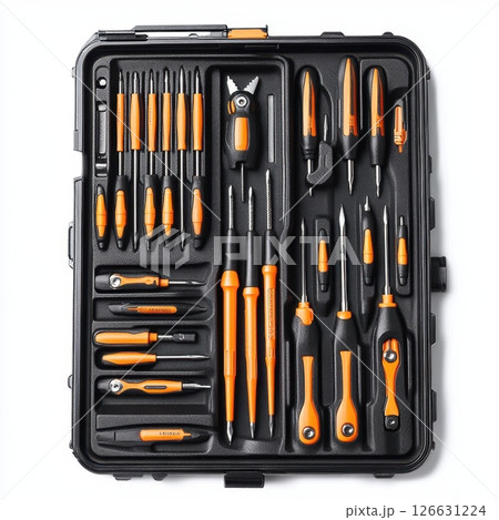 A neatly organized precision screwdriver set in a black case featuring various screwdrivers, bits, and repair tools with orange and black ergonomic handles 126631224