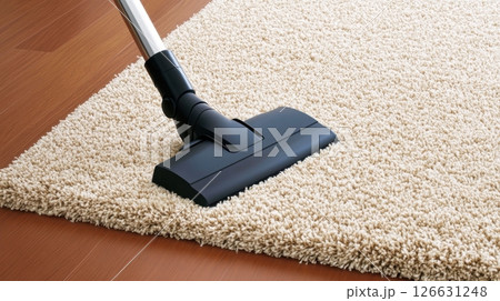 A vacuum cleaner head is shown in close-up as it glides over a fluffy beige carpet on a hardwood floor 126631248