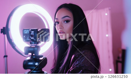 A young woman with sleek makeup and long hair films herself in front of a ring light and camera in a pink-lit room 126631250