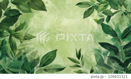 A soft green botanical background features abstract leafy foliage framing the edges with a textured watercolor effect 126631321