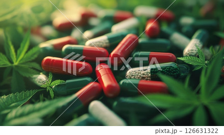 A pile of red and green capsules rests among vibrant cannabis leaves, blending pharmaceutical and botanical elements 126631322