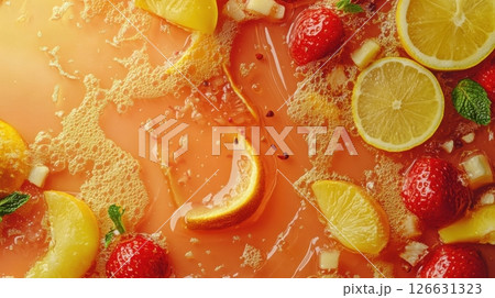 Slices of lemon, strawberries, and peach float in a vibrant orange liquid, surrounded by bubbles, herbs, and fruit chunks 126631323