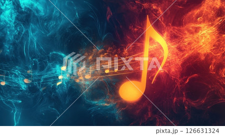 A glowing orange music note radiates energy as it flows through a swirling fusion of blue and red abstract smoke 126631324