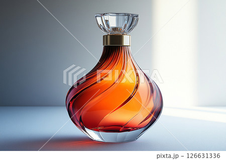 Perfume bottle with glossy on its glass surface, conveying elegance and sophistication. Ideal for high-end perfume advertisements. Perfume bottle with glossy on its glass surface, conveying elegance and sophistication. Ideal for high-end perfume advertisements. 126631336