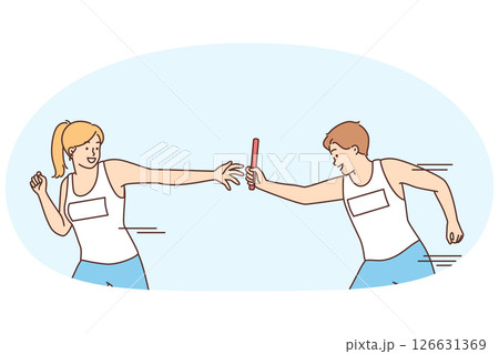 Man giving relay race to woman competing in team sport doing timed exercise Man giving relay race to woman competing in team sport doing timed exercise 126631369