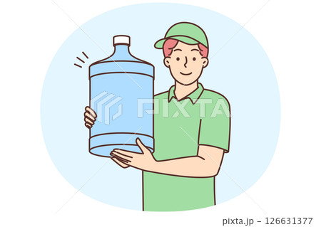 Man works as water delivery man holding large water cooler bottle in hands 126631377