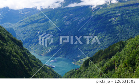 Fjord Geirangerfjord with ferry boat, Norway. 126631505