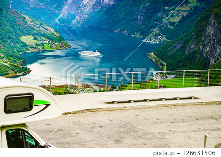 Camper over fjord Geirangerfjord, Norway Camper over fjord Geirangerfjord, Norway 126631506