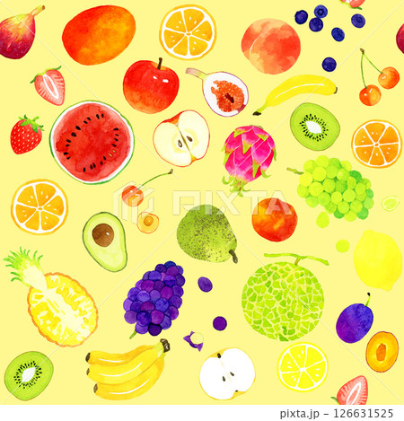 カラフルなフルーツのシームレスパターン　手描き水彩イラストの背景素材 126631525