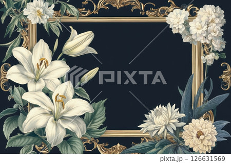 Vintage funeral memorial template with ornate golden frame and floral botanical design on dark background 126631569