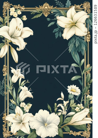 Vintage funeral memorial template with ornate golden frame and floral botanical design on dark background 126631589