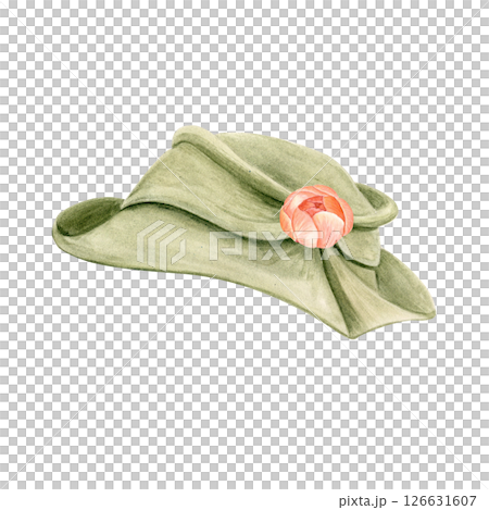 Vintage green hat with peony flower decor, hand-painted in watercolor on white. Perfect for wedding invitations, retro-themed stationery, fashion branding, boutique logos, feminine editorial projects 126631607