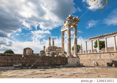 Temple of Trajan ruins with marble columns at Pergamon acropolis in Turkey 126631651