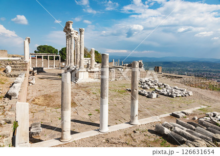 Ancient ruins of the Temple of Trajan in Pergamon Turkey with restored columns 126631654