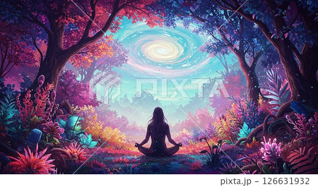 Woman meditating in lotus pose in vibrant fantasy forest with swirling galaxy sky illustration 126631932