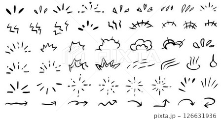 アイコンや気づきーあしらいに使える落書き手描きのシンプルでかわいいモノクロイラストセット アイコンや気づきーあしらいに使える落書き手描きのシンプルでかわいいモノクロイラストセット 126631936