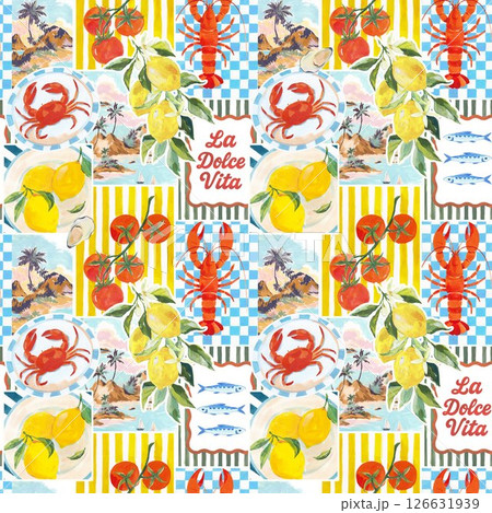 Trendy seamless summer tropical pattern featuring lemons on a branch, lobster, crab, tomatoes, and island palm trees. Set against a mix of checkered and striped backgrounds. Ideal for fashion, fabric 126631939