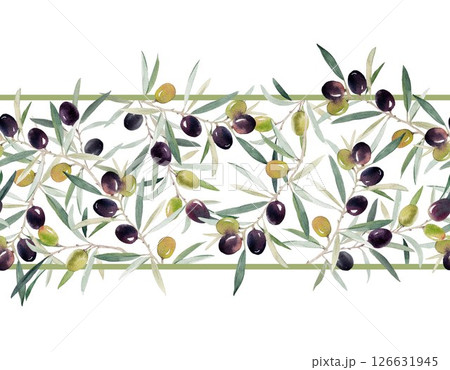 Hand-painted watercolor seamless pattern featuring horizontal olive branches with green and purple fruit. Perfect for kitchen textile, labels, packaging, wallpaper, and Mediterranean-inspired designs. 126631945