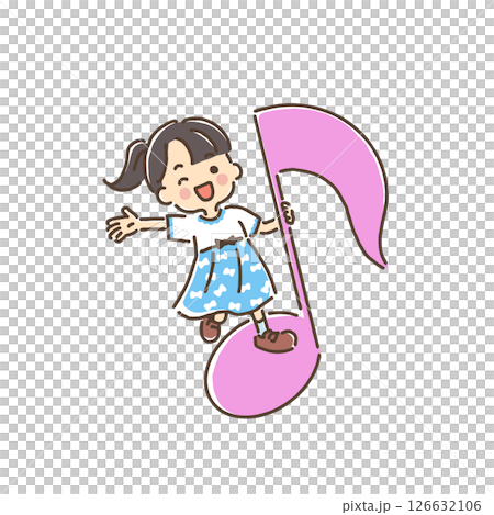 一個女孩騎在音符上揮舞著她的手 126632106