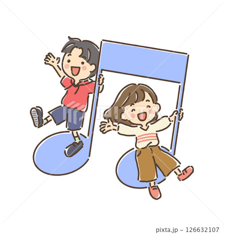 音符に乗って手を広げている男の子と女の子 音符に乗って手を広げている男の子と女の子 126632107