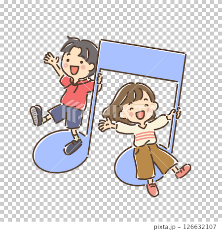 男孩和女孩伸出雙手站在音符上 126632107