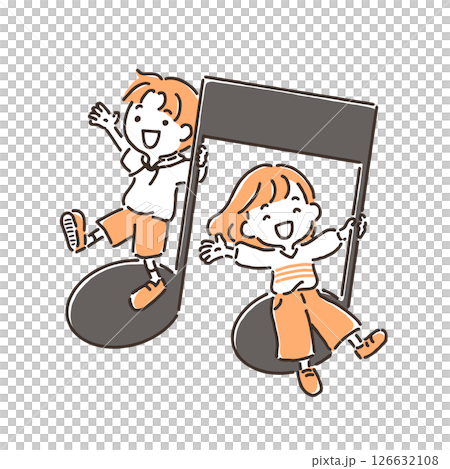 男孩和女孩伸出雙手站在音符上 男孩和女孩伸出雙手站在音符上 126632108