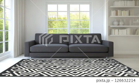 Modern minimalist living room with gray sofa and geometric rug 126632214