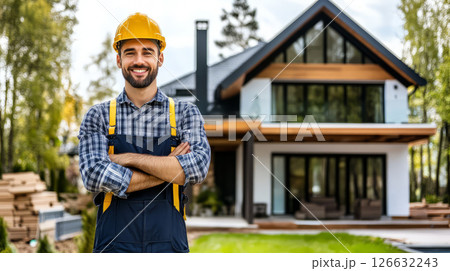 Confident construction worker in safety gear stands proudly outside modern home 126632243