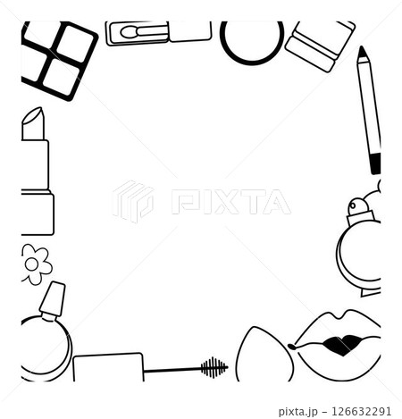 Cosmetics and accessories Makeup tools square frame template. Vector graphic line illustration. Hand drawn images blush mascara eyeshadow powder cream foundation brush. Cosmetics and accessories Makeup tools square frame template. Vector graphic line illustration. Hand drawn images blush mascara eyeshadow powder cream foundation brush. 126632291