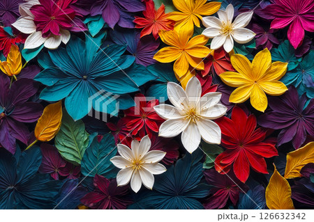 An overhead shot of a collection of bright, multi-colored flowers and foliage that includes distinct red, yellow, white, and teal flowers, together with varied green and purple leaves. 126632342