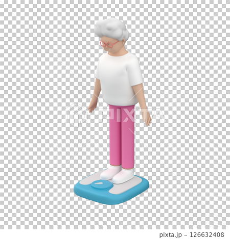 Elderly female character standing on scales and looking at her weight, 3d illustration  126632408