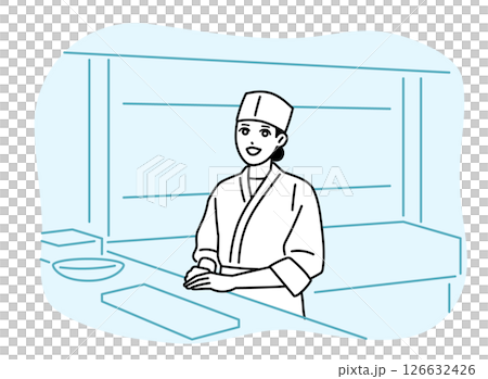 Female chef at the counter in a sushi restaurant Female chef at the counter in a sushi restaurant 126632426