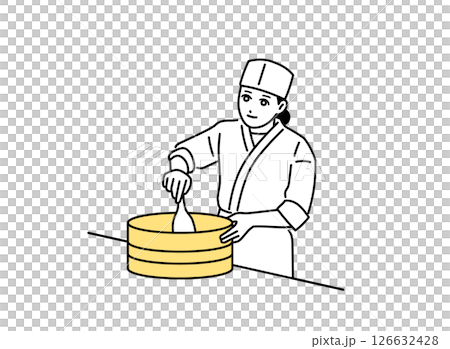 木の桶に入ったごはんを混ぜる寿司屋の女性料理人 木の桶に入ったごはんを混ぜる寿司屋の女性料理人 126632428