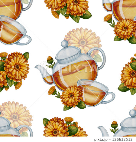 Seamless pattern with calendula tea and teapot Seamless pattern with calendula tea and teapot 126632512