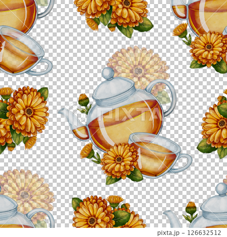 Seamless pattern with calendula tea and teapot Seamless pattern with calendula tea and teapot 126632512