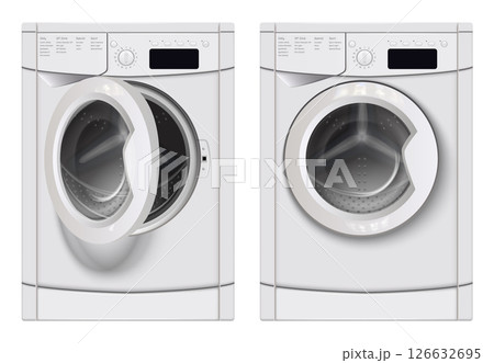 Realistic washing machine mockup set with isolated front views of laundry machines with closed and open door vector illustration 126632695