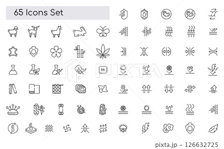 Fabric material line icon set. Linen, leather, cotton, bamboo, cashmere, mohair minimal vector illustration. Simple outline sign for clothing textile feature. Pixel Perfect, Editable Stroke 126632725