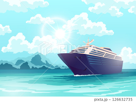 Cruise ship on the ocean with seagulls flying, in a vector illustration style, against a clear sky. Concept of travel and vacation. Vector illustration 126632735